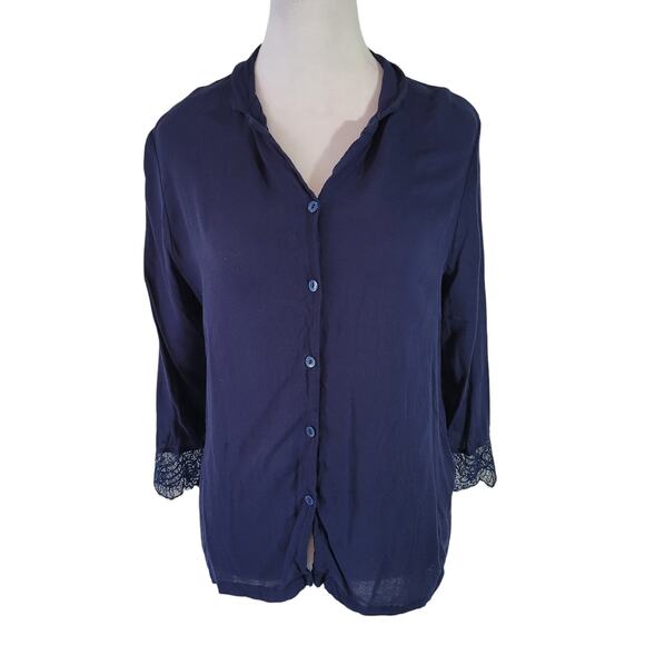 Frette Size S Long Sleeve Button Up Lace Sleeve Trim Navy Pajama Top Loungewear - Picture 1 of 11